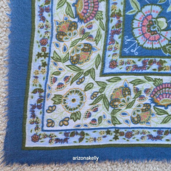 Square Wool Blue Scarf With Leaves and Flowers - Picture 3 of 12